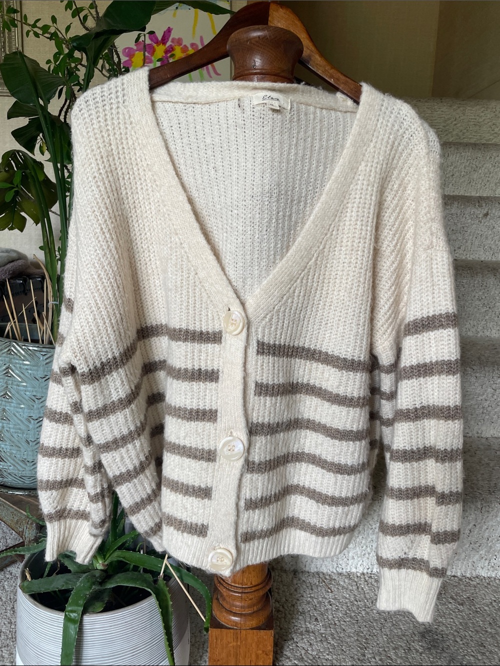 Elan Cream & Taupe Striped Chunky V-Neck Button Cardigan